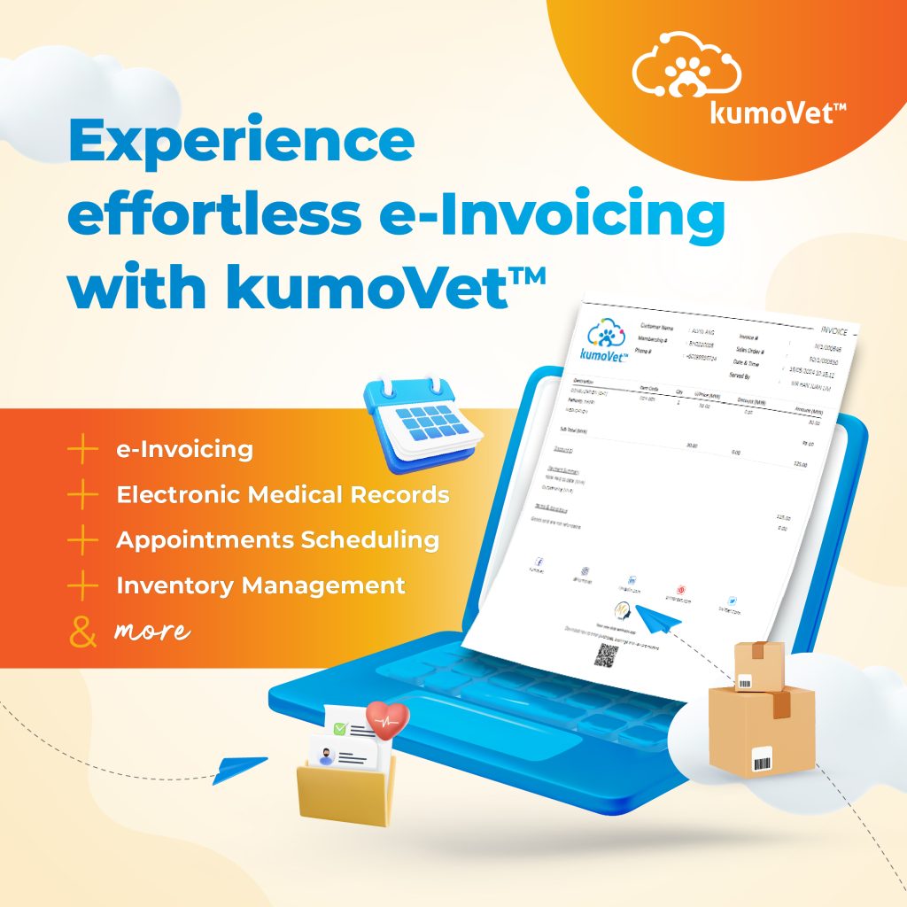 kumoVet showcasing features like e-invoicing, EMR, scheduling, etc